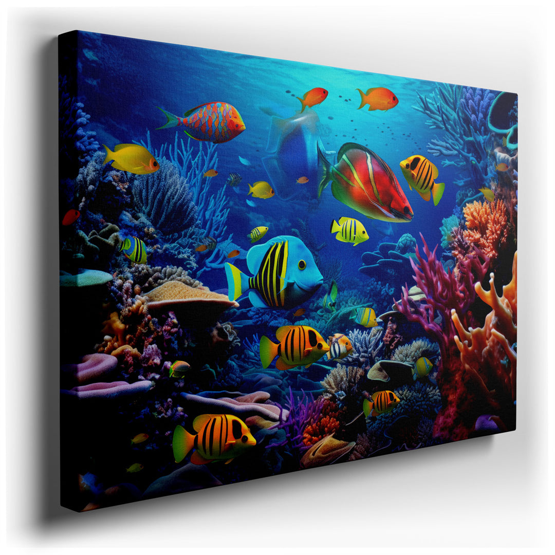 canvas print on wrapped canvas for wall decor – This exquisite wall art portrays a mesmerizing underwater tableau, a vivid depiction of a coral reef teeming with life a...