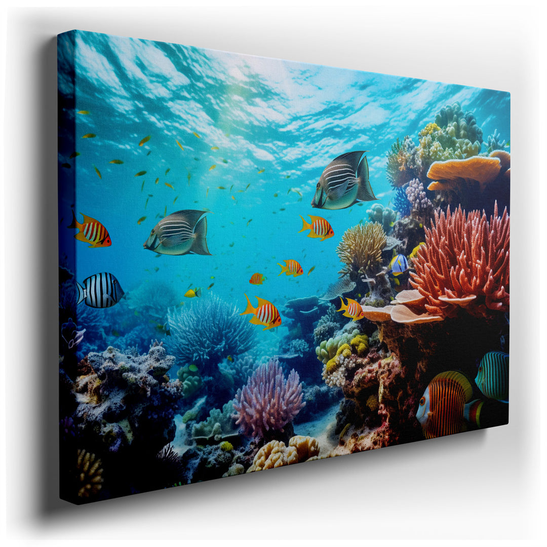 canvas print on wrapped canvas for wall decor – Imagine stepping into a room where the walls come alive with the vibrant, pulsating energy of an underwater paradise. Th...