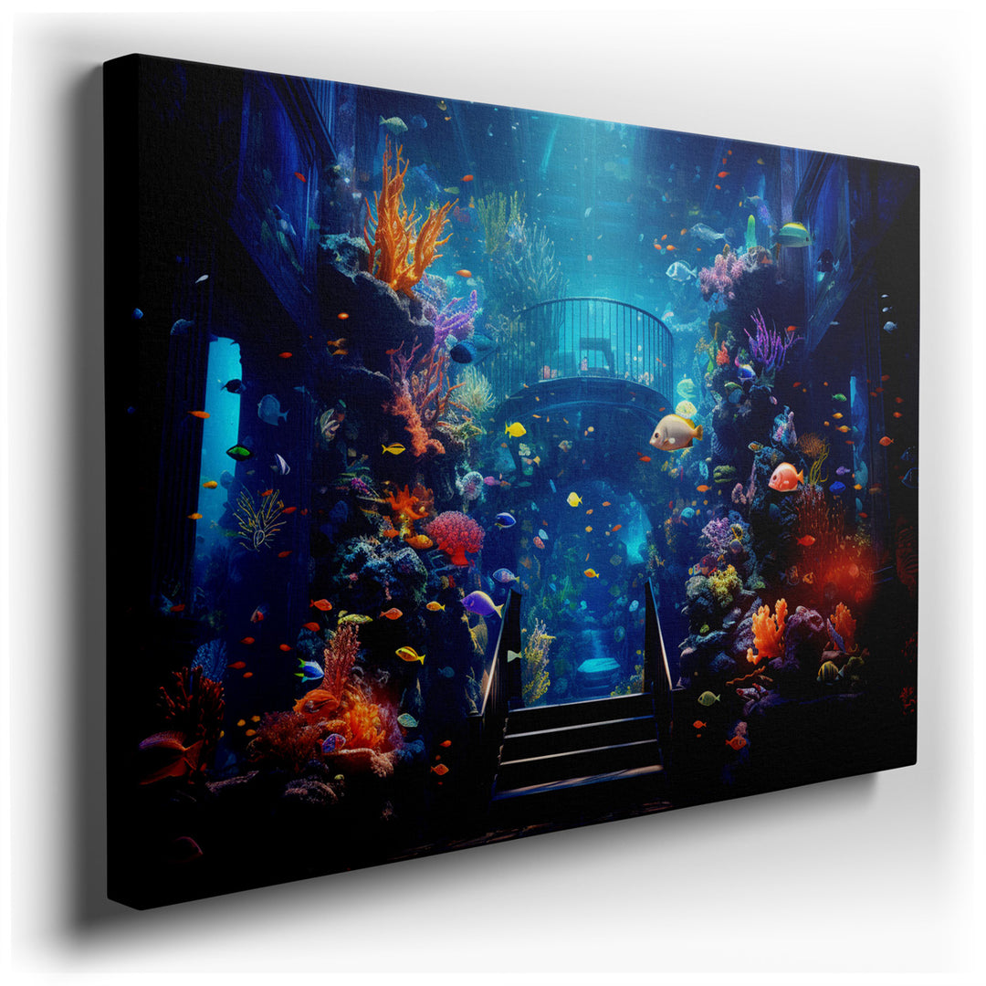 canvas print on wrapped canvas for wall decor – This mesmerizing wall art transports viewers into the heart of a lush underwater paradise, vividly capturing the etherea...