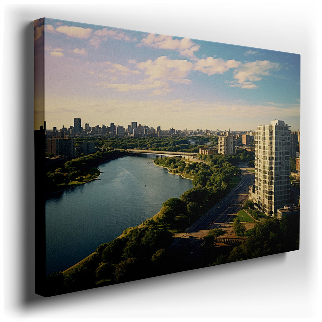 canvas print on wrapped canvas for wall decor – This wall art captures a breathtaking aerial perspective of a bustling urban landscape, where the architectural prowess...