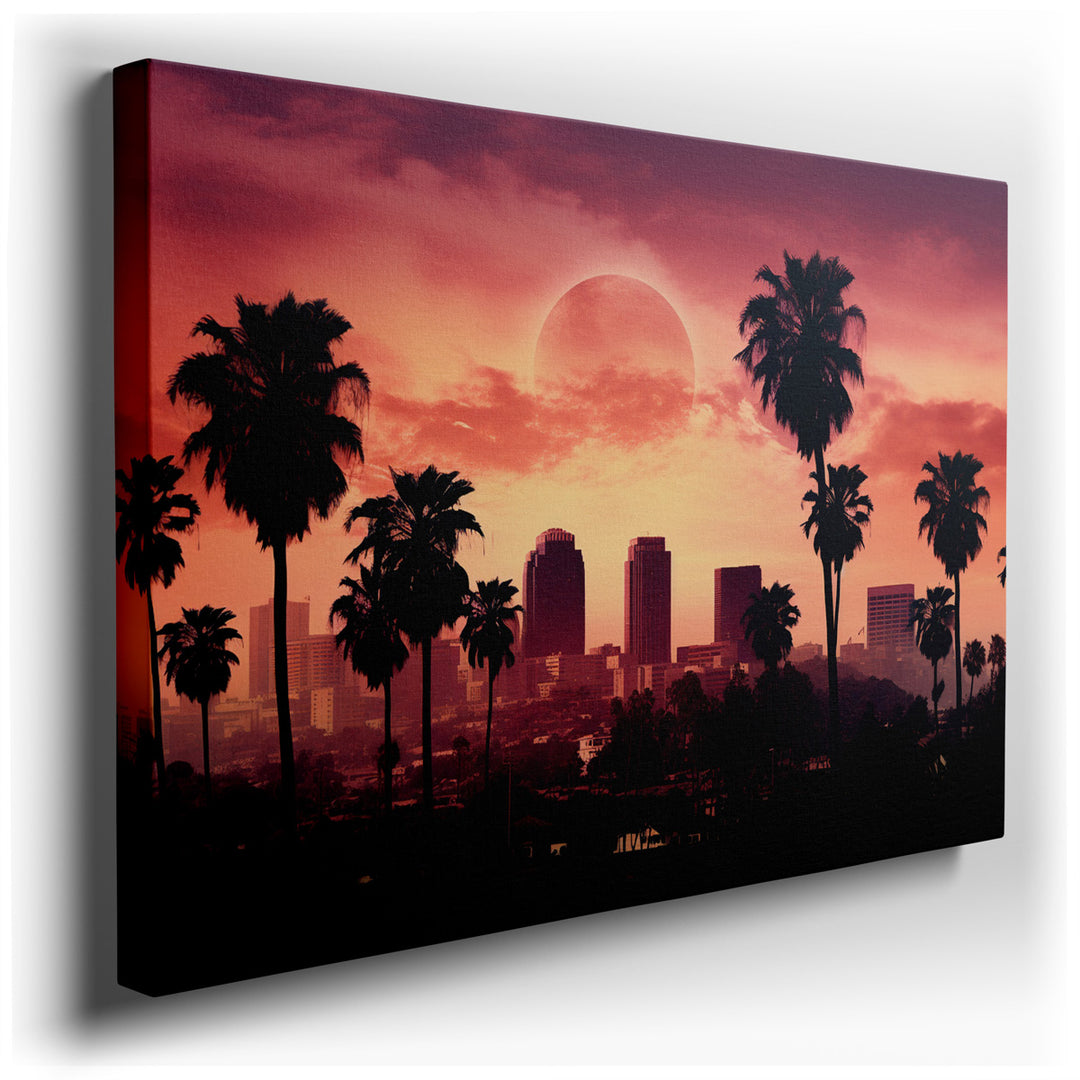 canvas print on wrapped canvas for wall decor – This captivating wall art masterfully portrays a city skyline silhouetted against the backdrop of a breathtaking sunset,...