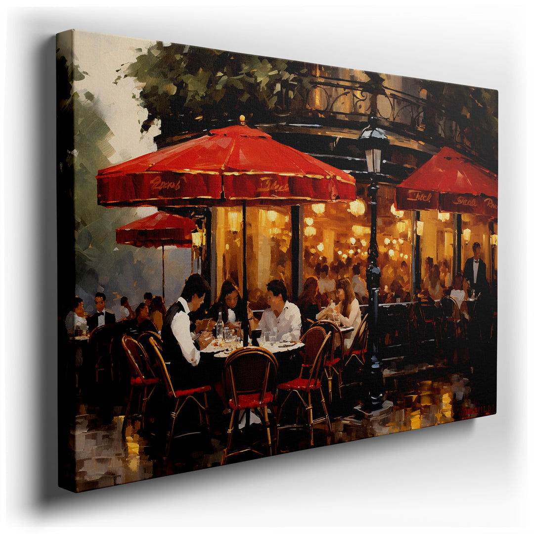 canvas print on wrapped canvas for wall decor – This wall art captures a quintessential urban dining experience, where the vibrancy of city life is palpably felt throug...