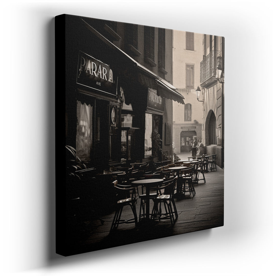 canvas print on wrapped canvas for wall decor – This wall art, rendered in a monochromatic palette, captures a serene moment in an urban café setting, inviting viewers...