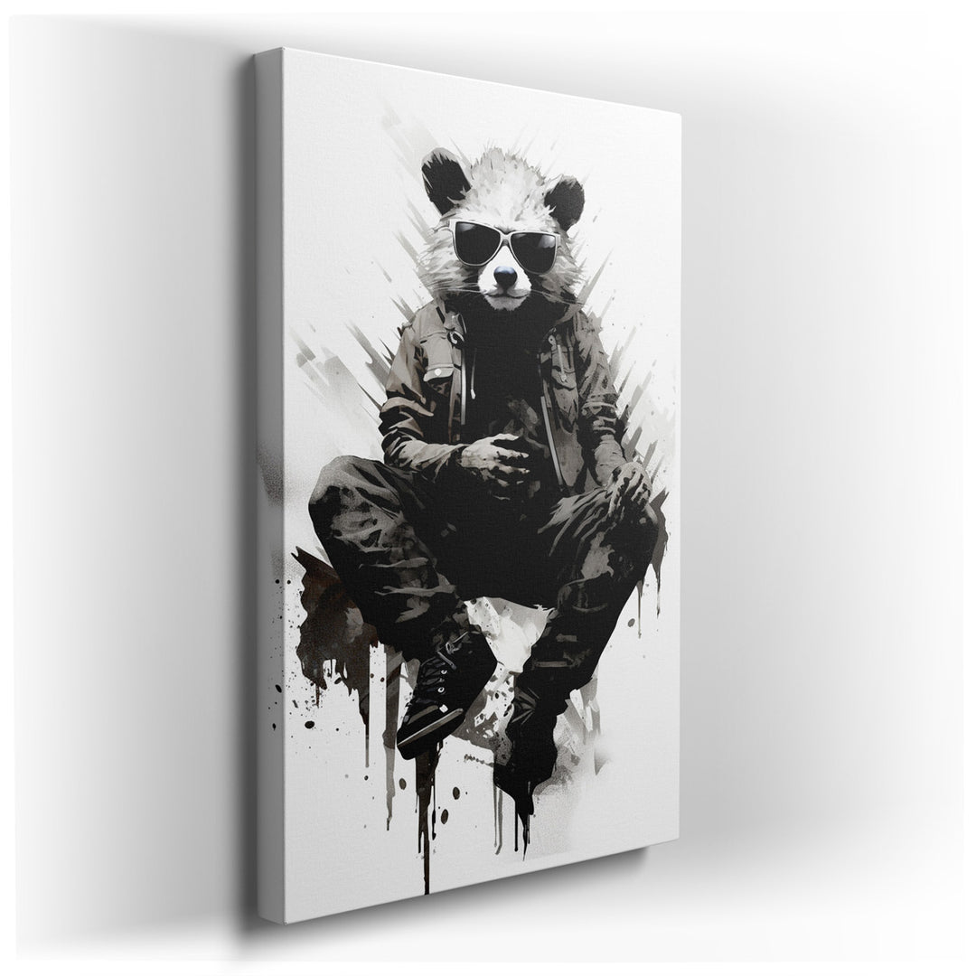 canvas print on wrapped canvas for wall decor – This captivating wall art portrays a panda character, uniquely styled in urban fashion, which immediately draws the view...