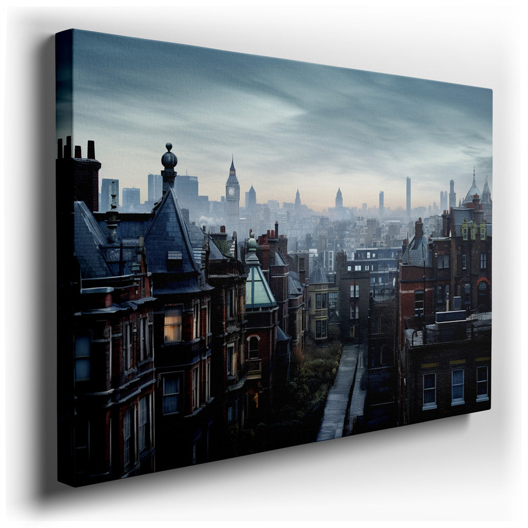 canvas print on wrapped canvas for wall decor – This wall art, a masterful depiction of an urban landscape at dusk, captures the essence of a city as it transitions fro...