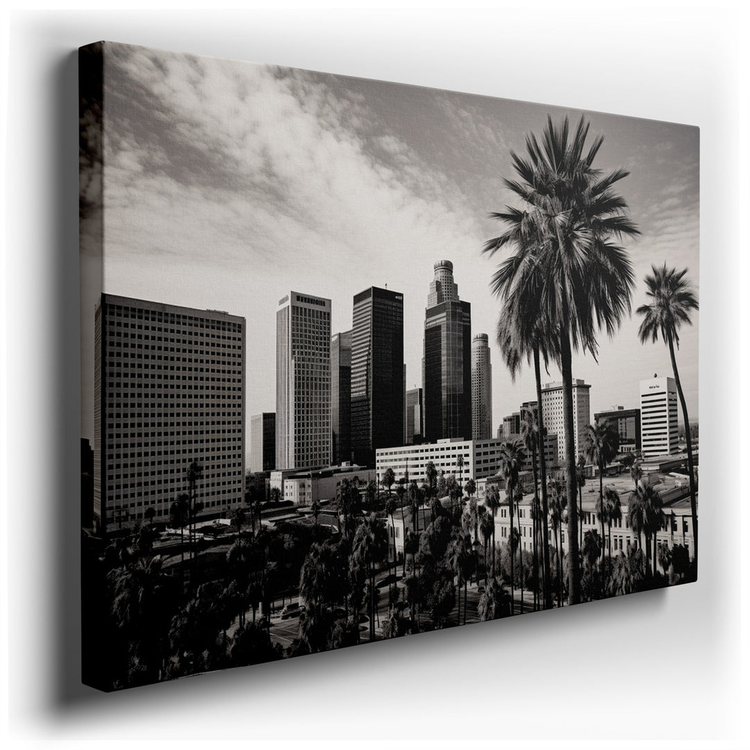 canvas print on wrapped canvas for wall decor – This captivating wall art masterfully portrays a modern urban landscape in a striking black and white palette, creating...