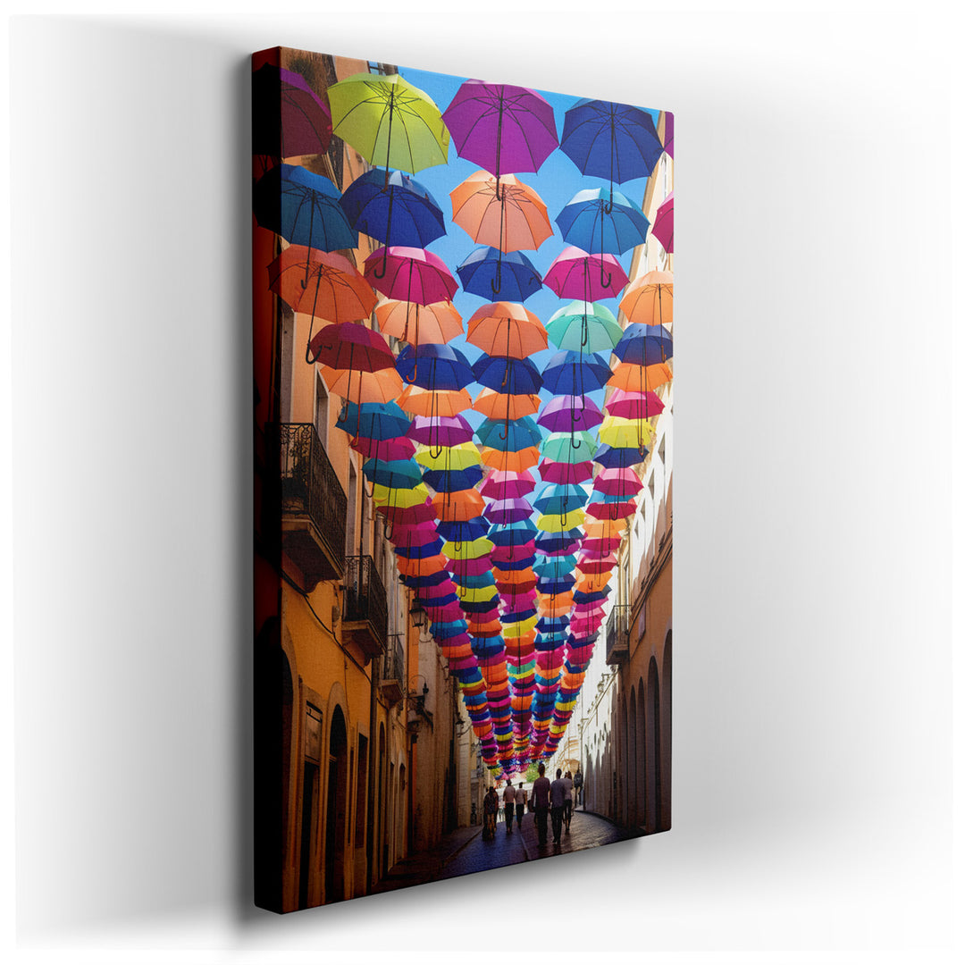 canvas print on wrapped canvas for wall decor – This captivating wall art portrays a lively urban street, transformed into a mesmerizing canopy of color through the whi...