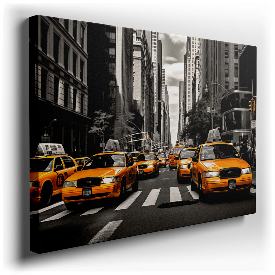 canvas print on wrapped canvas for wall decor – This captivating wall art masterfully portrays the dynamic essence of urban life through a striking contrast between the...