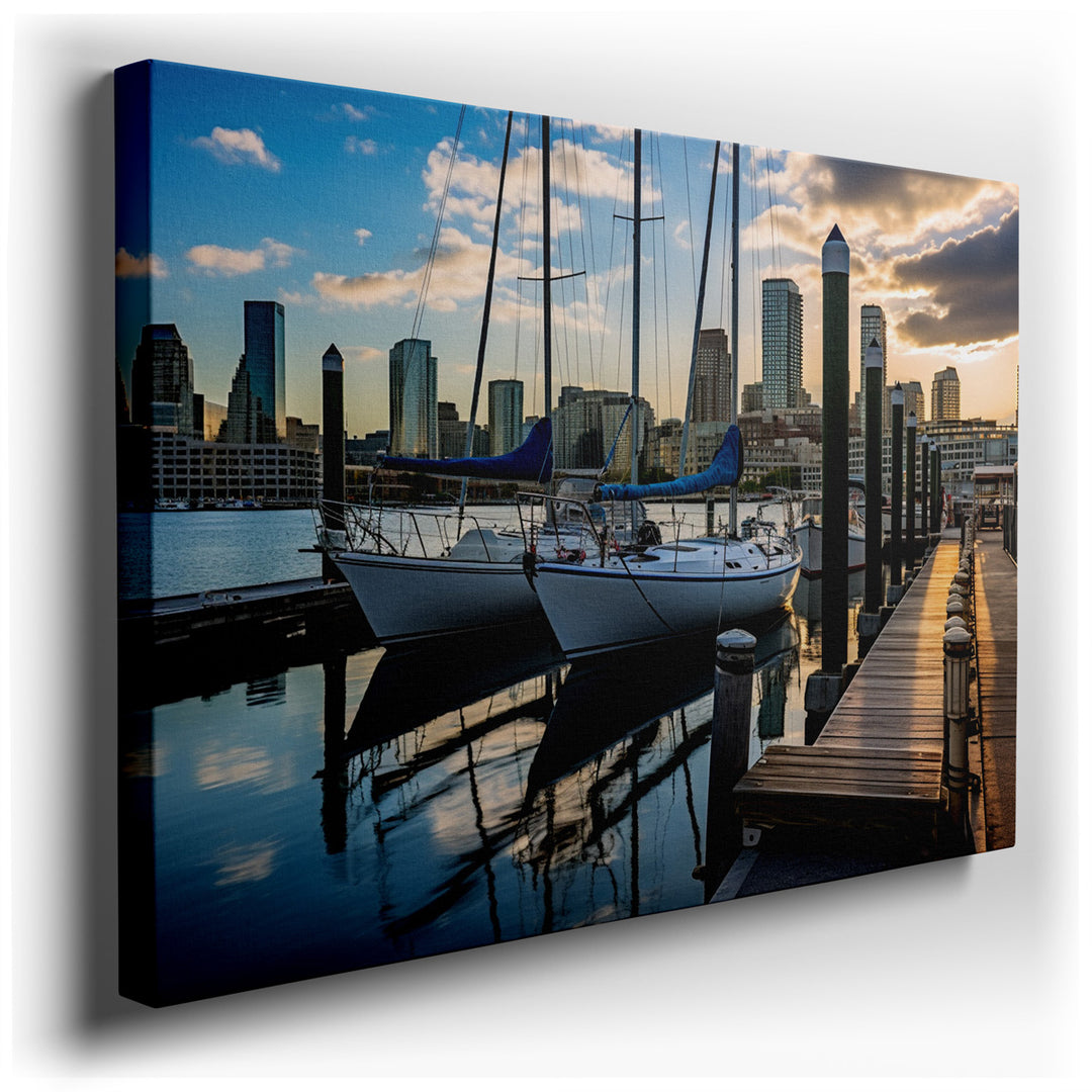 canvas print on wrapped canvas for wall decor – This wall art captures a breathtaking urban harbor scene at sunset, where elegance and tranquility meet the vibrant pace...