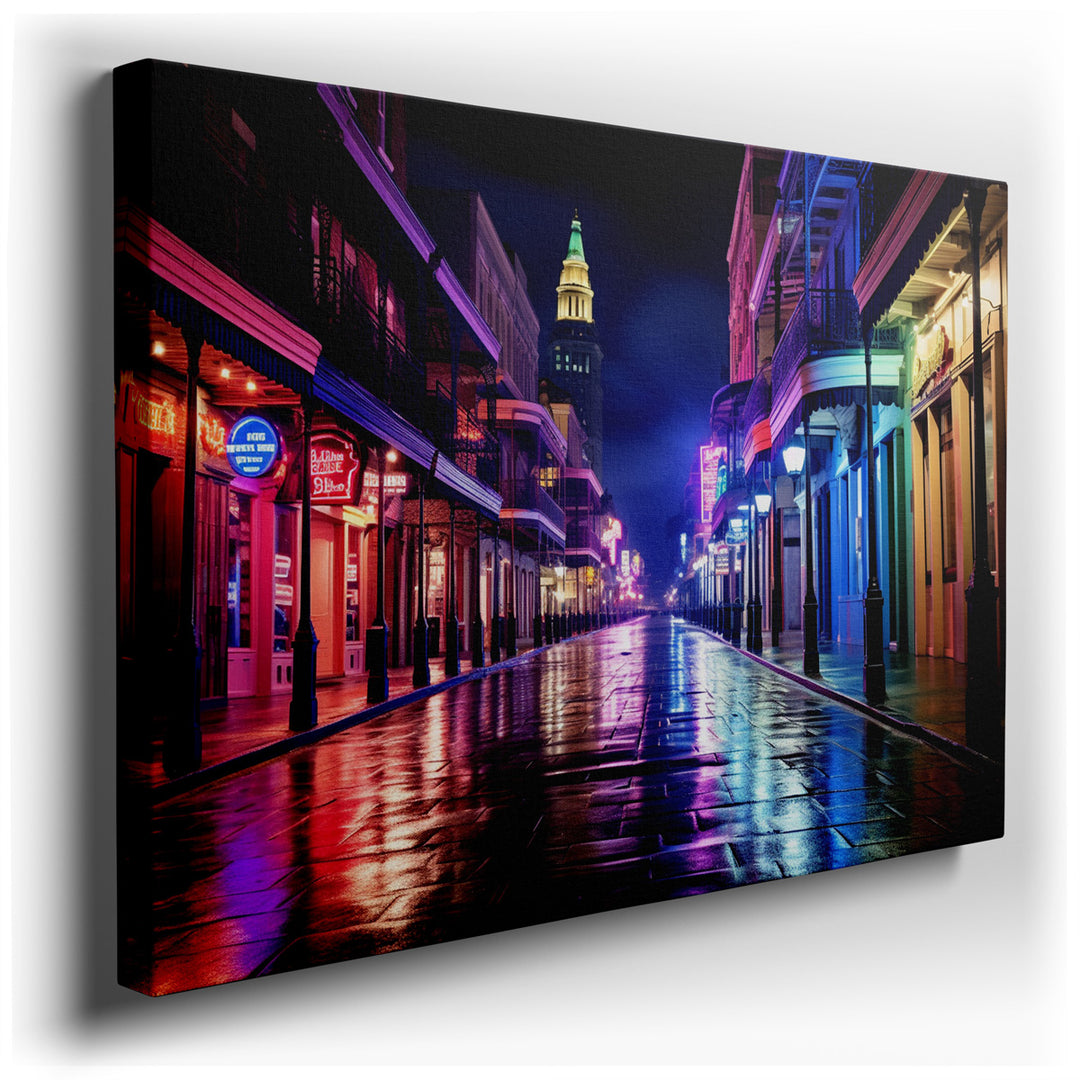 canvas print on wrapped canvas for wall decor – This wall art vividly captures the essence of a bustling city at night, portraying an urban street bathed in the glow of...