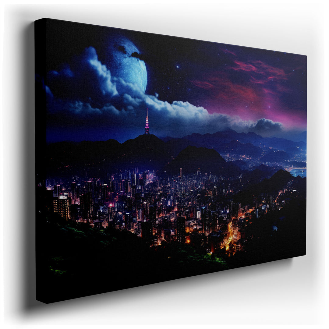 canvas print on wrapped canvas for wall decor – This wall art, a mesmerizing depiction of an urban nightscape, is a masterpiece that captures the essence of city life u...