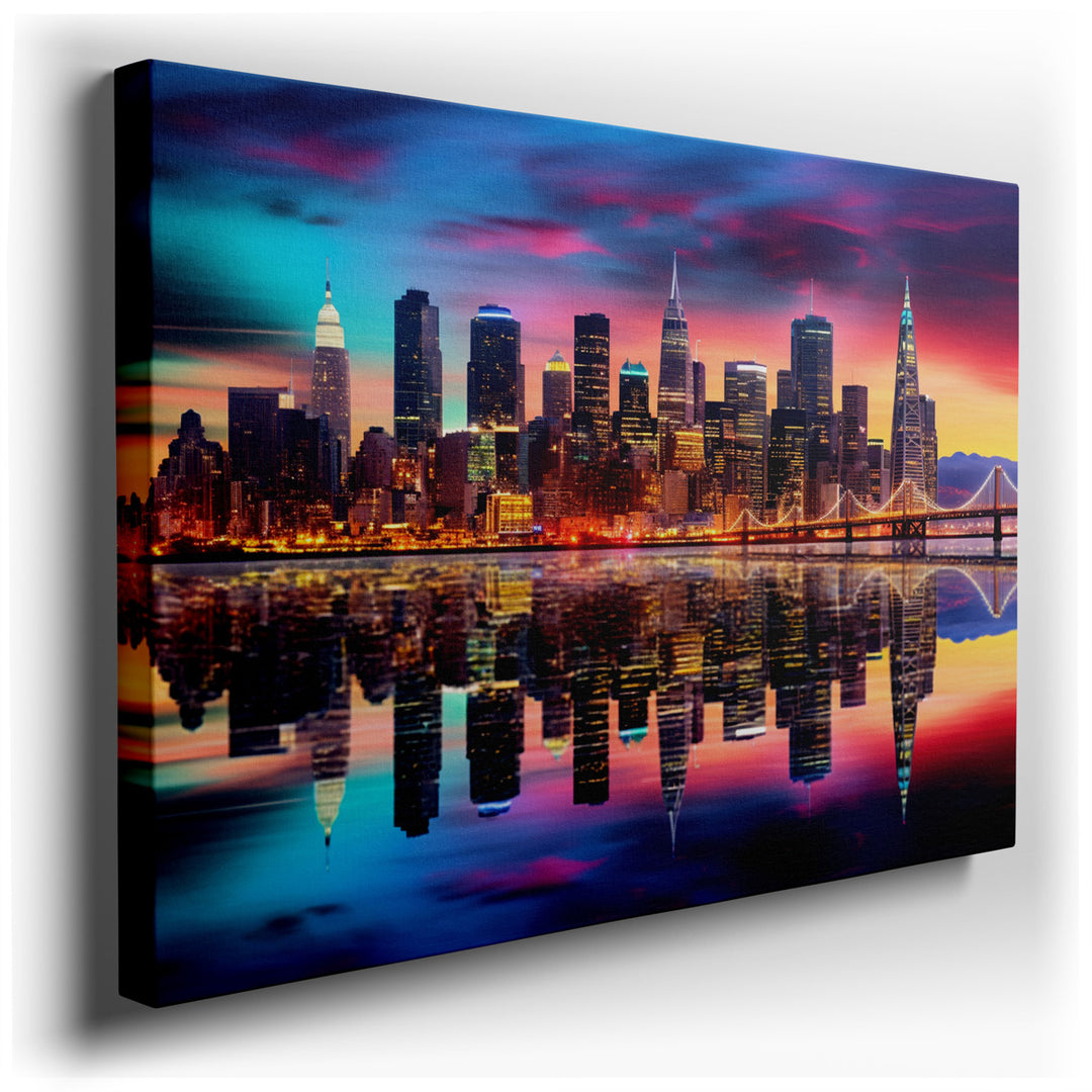 canvas print on wrapped canvas for wall decor – This wall art is a captivating portrayal of an urban skyline at the magical hour of sunset, where the fading light of da...
