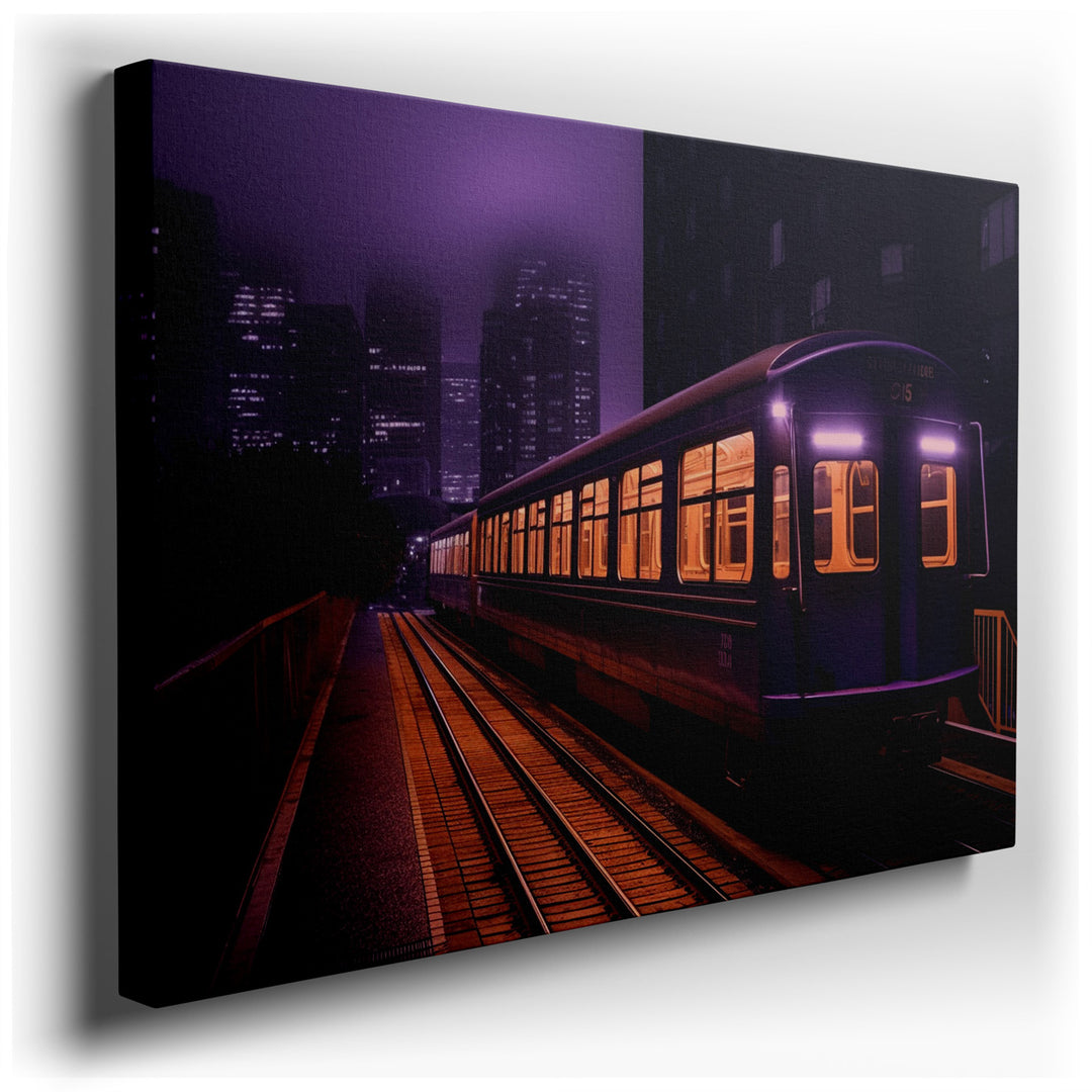 canvas print on wrapped canvas for wall decor – This wall art, a mesmerizing depiction of a purple train bathed in gentle illumination, stands as a masterful representa...