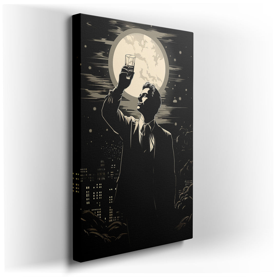 canvas print on wrapped canvas for wall decor – This evocative wall art captures the essence of solitude and introspection against the vibrant backdrop of urban nightli...