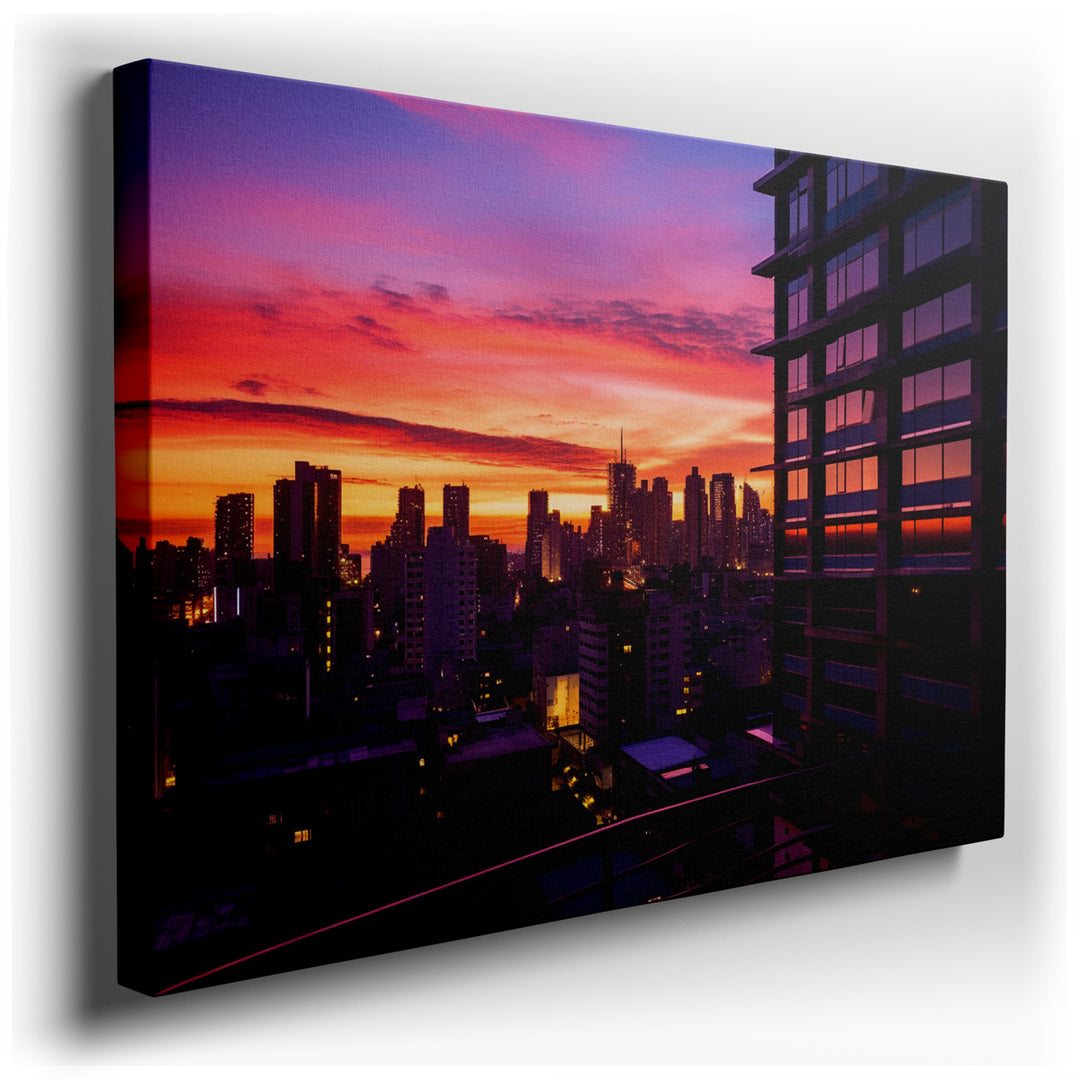 canvas print on wrapped canvas for wall decor – This wall art captures the essence of an urban sunset, masterfully portraying the transition from day to night in a bust...