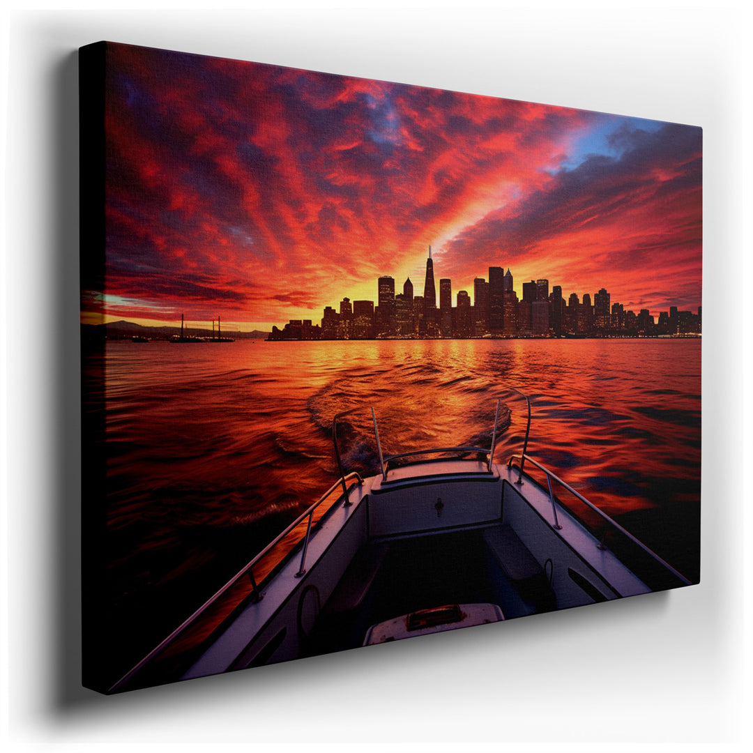 canvas print on wrapped canvas for wall decor – This wall art, a stunning portrayal of an urban sunset, masterfully captures the interplay between the bustling city lif...