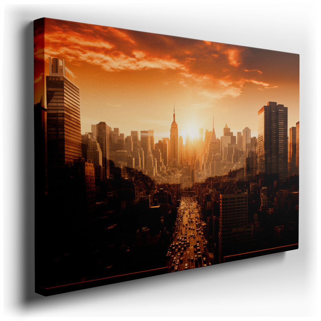 canvas print on wrapped canvas for wall decor – This wall art, a stunning urban sunset cityscape, masterfully captures the essence of a bustling metropolis at the magic...