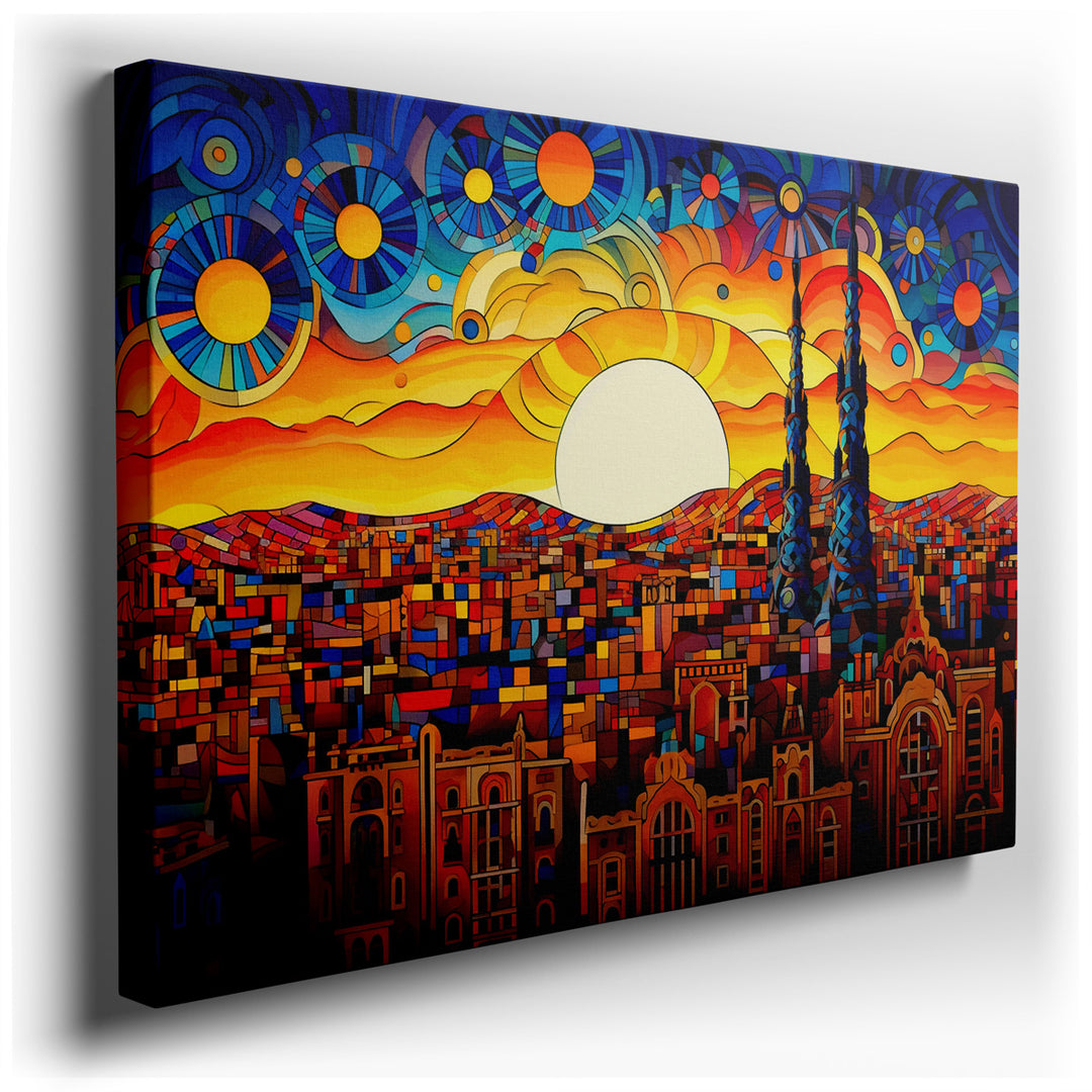 canvas print on wrapped canvas for wall decor – This wall art is a mesmerizing portrayal of an urban skyline at sunset, transformed into a fantastical vista through the...