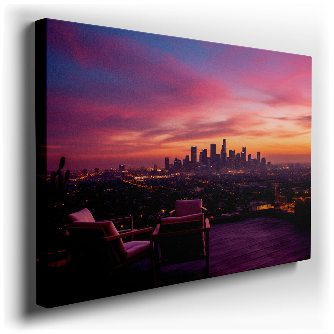 canvas print on wrapped canvas for wall decor – This wall art is a masterful portrayal of an urban sunset, capturing the essence of Los Angeles as it transitions from d...
