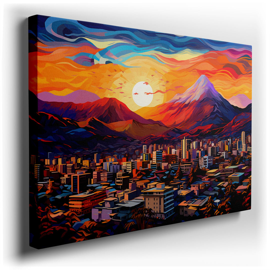 canvas print on wrapped canvas for wall decor – This wall art is a captivating portrayal of an urban landscape at the magical hour of sunset, where the sky becomes a ca...