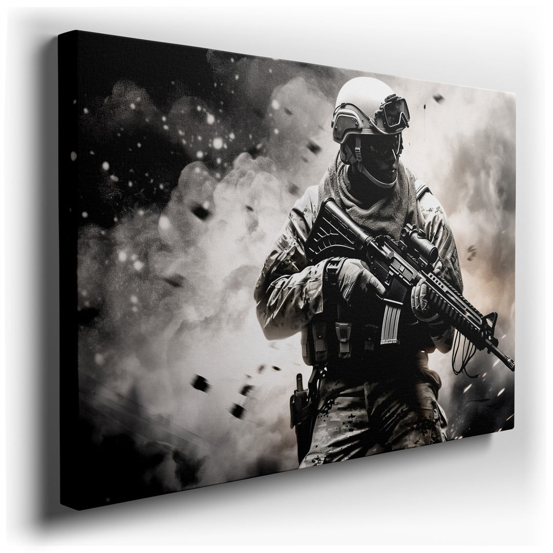 canvas print on wrapped canvas for wall decor – This wall art captures the essence of modern military valor, portraying a soldier clad in full combat gear, embodying st...