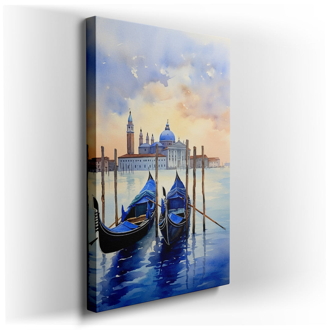 canvas print on wrapped canvas for wall decor – This enchanting wall art captures a tranquil scene along the Venetian lagoon, where charming gondolas lie at rest, their...