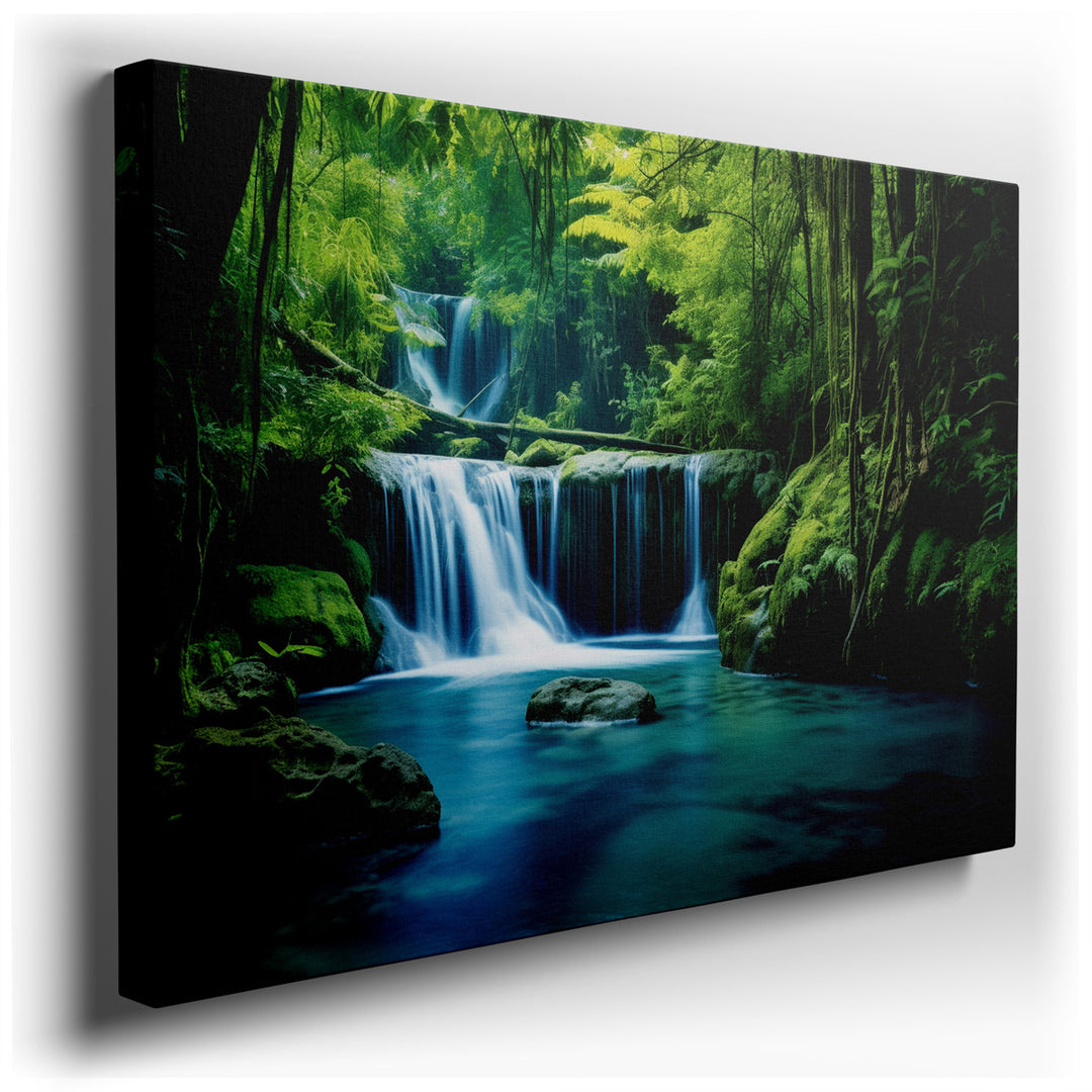 canvas print on wrapped canvas for wall decor – This exquisite wall art captures the essence of a verdant forest sanctuary, where multiple waterfalls gracefully cascade...