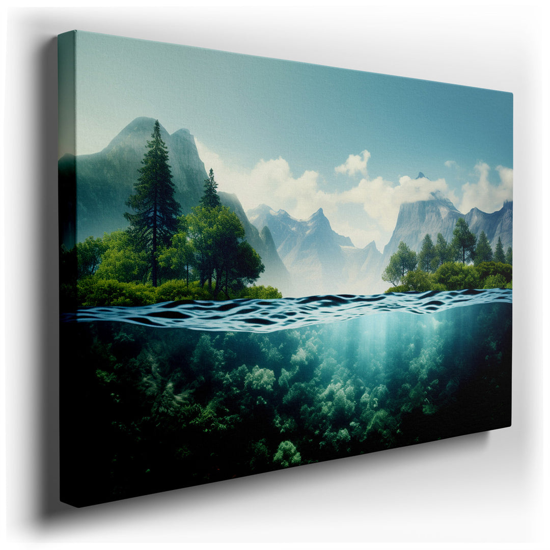 canvas print on wrapped canvas for wall decor – This captivating wall art offers a mesmerizing depiction of a scene where the lushness of a terrestrial forest merges fl...
