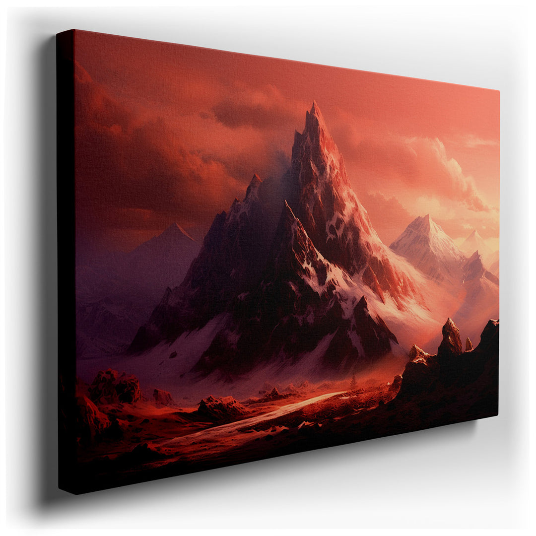 canvas print on wrapped canvas for wall decor – This wall art captures a breathtaking mountain landscape that is both awe-inspiring and introspective. Dominating the sc...