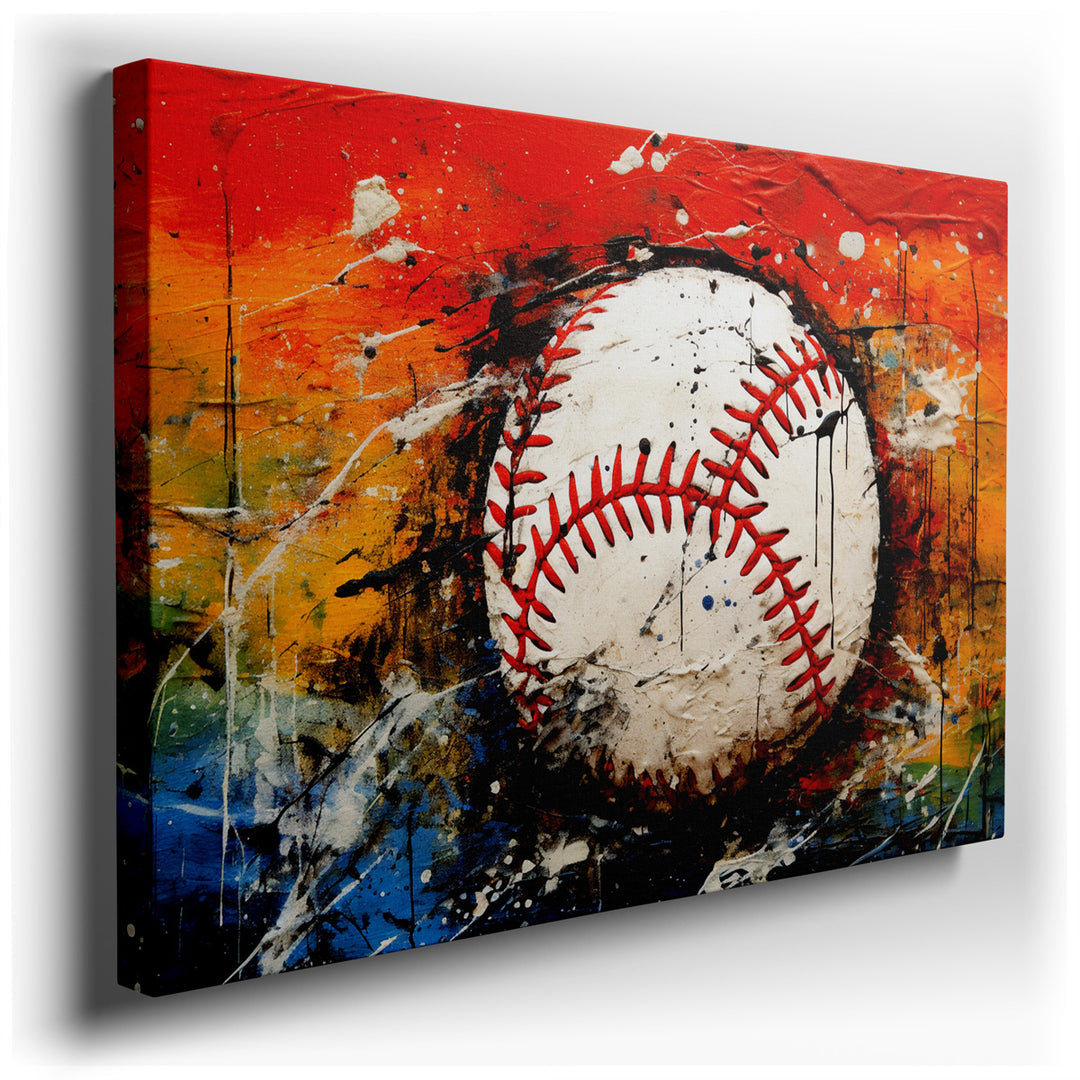 canvas print on wrapped canvas for wall decor – This wall art is a vibrant and dynamic abstract representation of a baseball, encapsulated within a whirlwind of bold co...