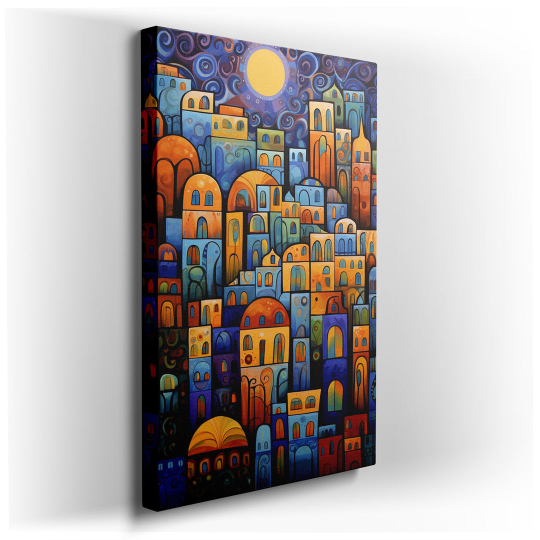 canvas print on wrapped canvas for wall decor – This enchanting wall art captures the essence of an abstract cityscape, where the ordinary constraints of urban architec...