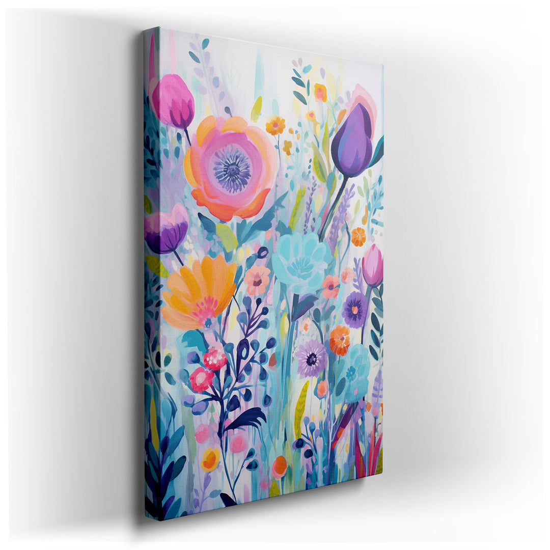 canvas print on wrapped canvas for wall decor – This captivating wall art is an abstract floral masterpiece that bursts with a spectrum of vivid colors and energetic sh...