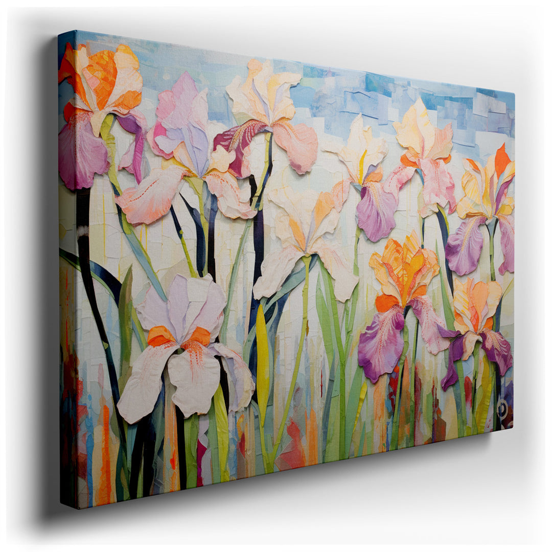 canvas print on wrapped canvas for wall decor – This wall art is a captivating abstract representation of irises, rendered in a palette of rich, vibrant colors that inc...