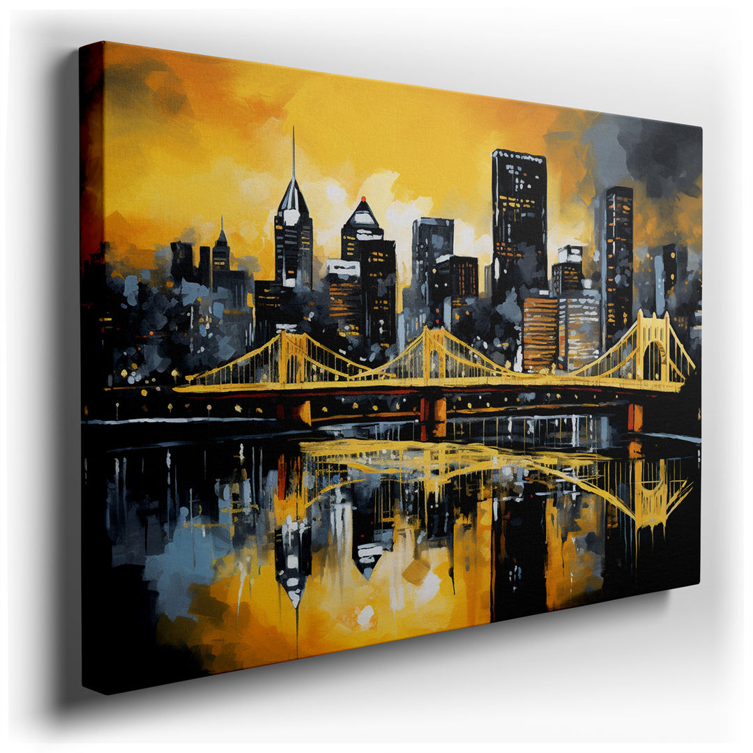 canvas print on wrapped canvas for wall decor – This wall art is a captivating abstract interpretation of Pittsburgh’s cityscape, where the artist has masterfully trans...