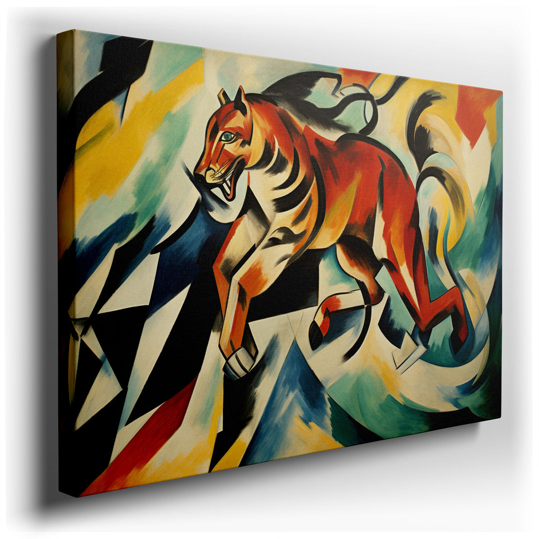 canvas print on wrapped canvas for wall decor – This dynamic abstract wall art vividly captures the essence of a vibrant orange tiger in mid-motion, making it a captiva...