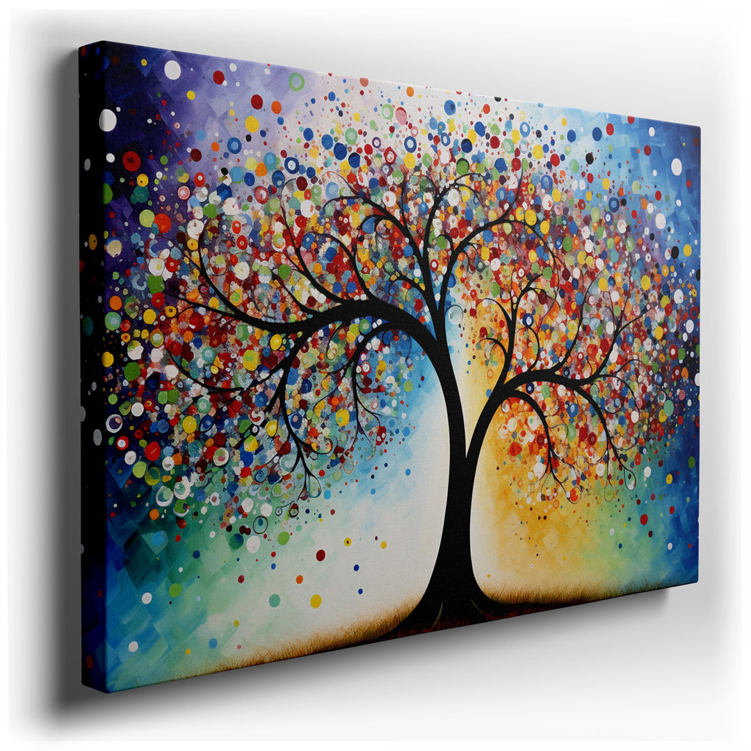 canvas print on wrapped canvas for wall decor – This captivating wall art, an abstract rendition of the Tree of Life, is a masterful symphony of colors and forms that b...