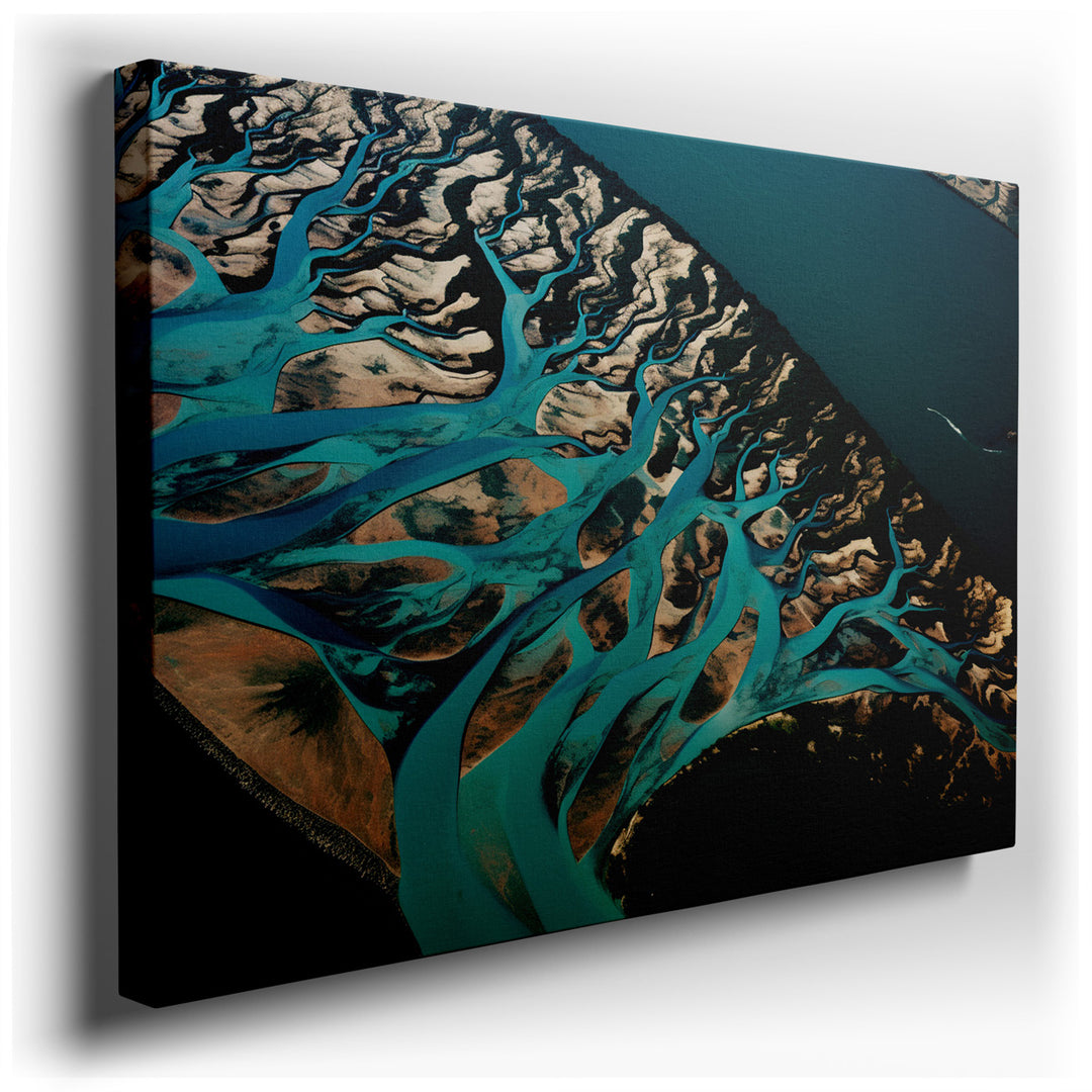 canvas print on wrapped canvas for wall decor – This wall art, an aerial depiction of rivers winding through a vast landscape, is a masterpiece of natural abstraction....