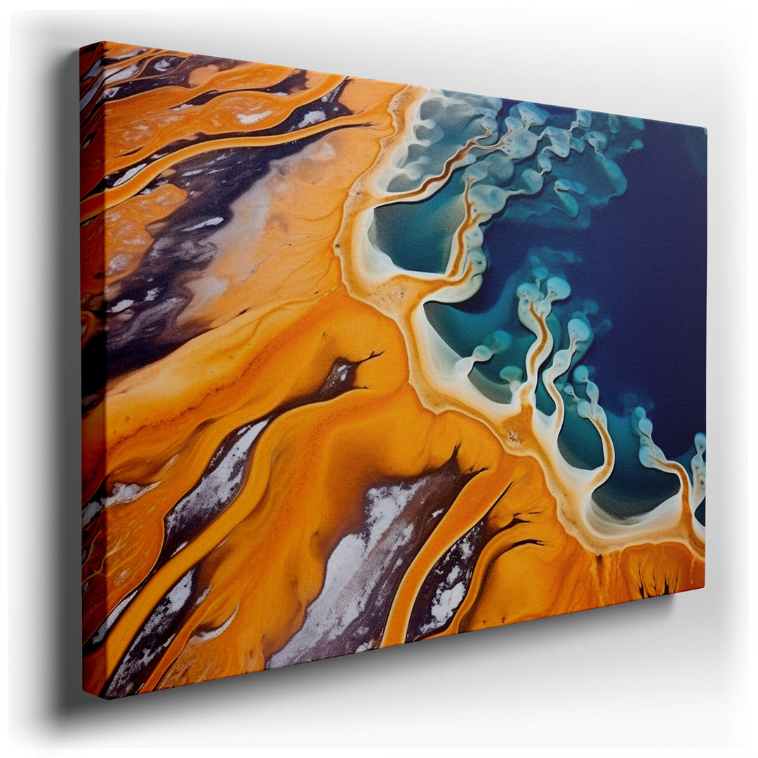 canvas print on wrapped canvas for wall decor – This wall art captures an aerial perspective of vibrant abstract patterns formed by colorful hot springs, illustrating t...