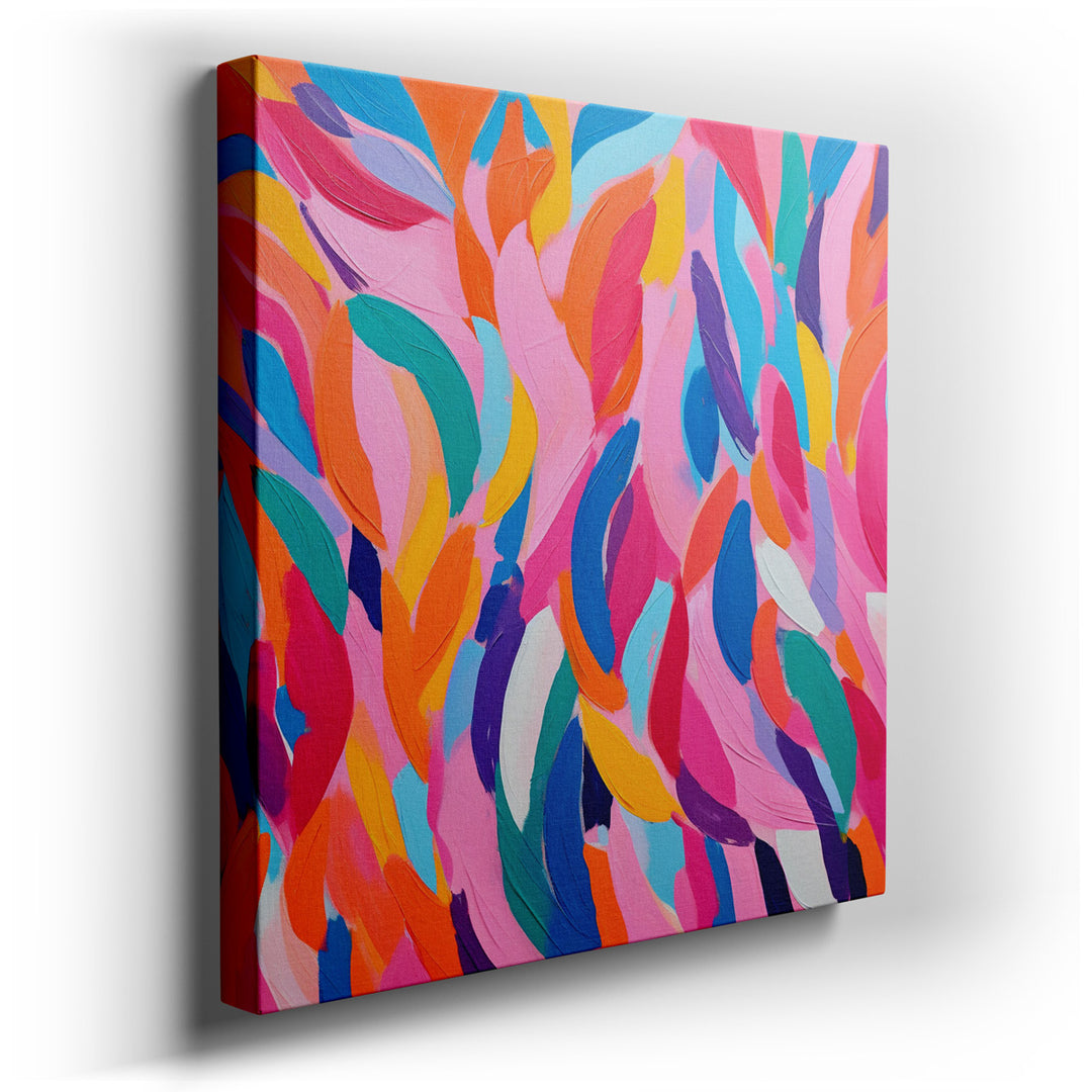 canvas print on wrapped canvas for wall decor – This wall art is a captivating abstract composition that bursts with a kaleidoscope of colors and dynamic, swirling form...