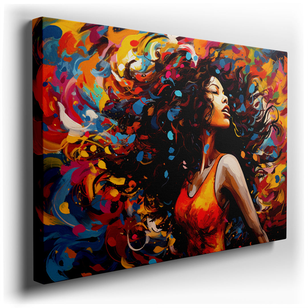 canvas print on wrapped canvas for wall decor – This wall art, an expressive portrayal of a woman with dynamic hair, is a captivating masterpiece that embodies the vibr...