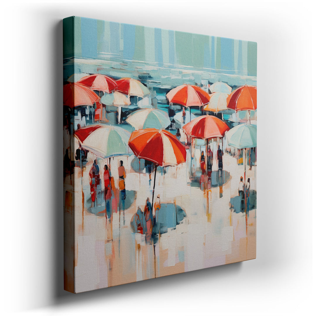 canvas print on wrapped canvas for wall decor – This vibrant wall art vividly captures the quintessential summer atmosphere, portraying a bustling beach scene that is b...