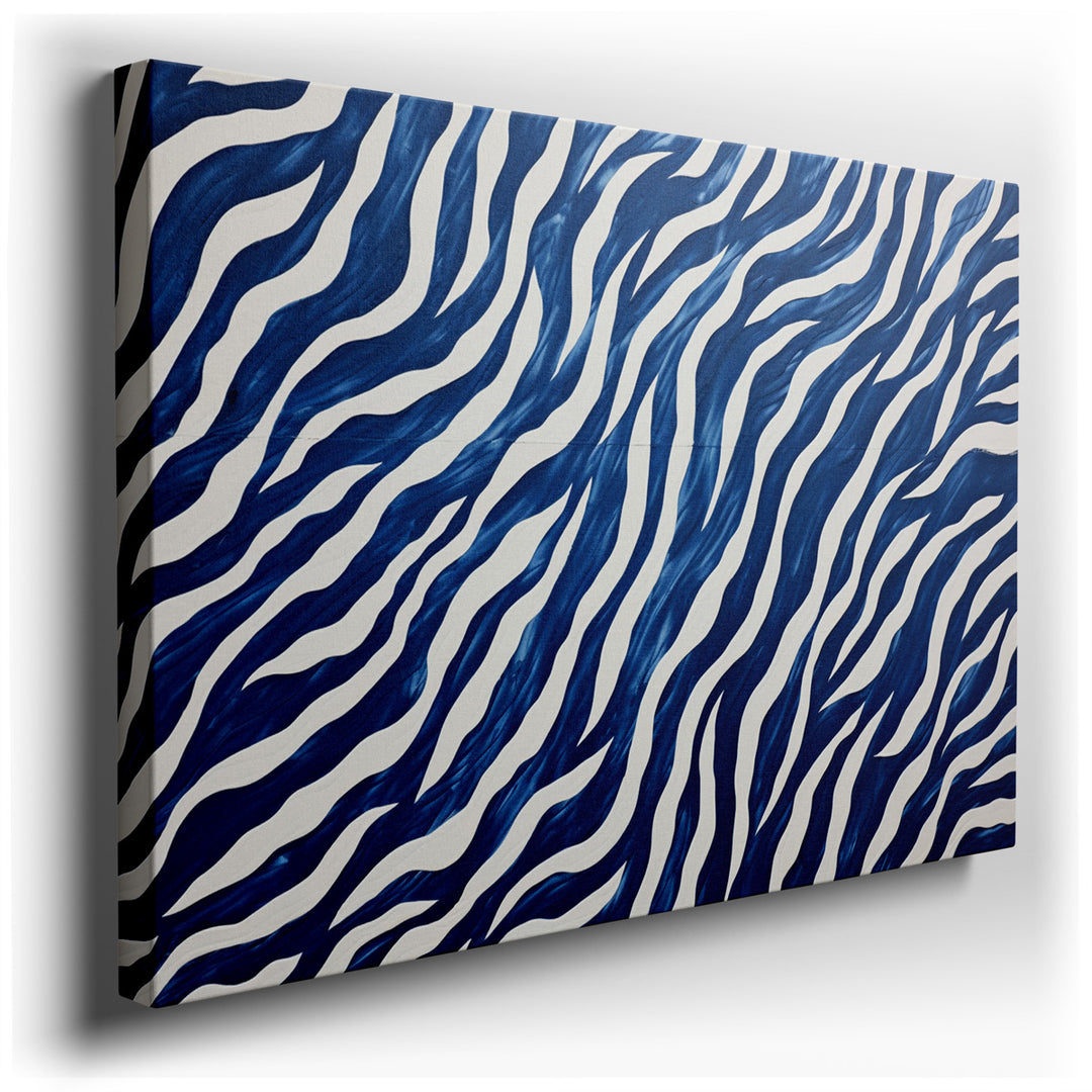 canvas print on wrapped canvas for wall decor – This wall art, a mesmerizing composition of bold blue and white tones, captures the essence of a zebra's pattern with a...