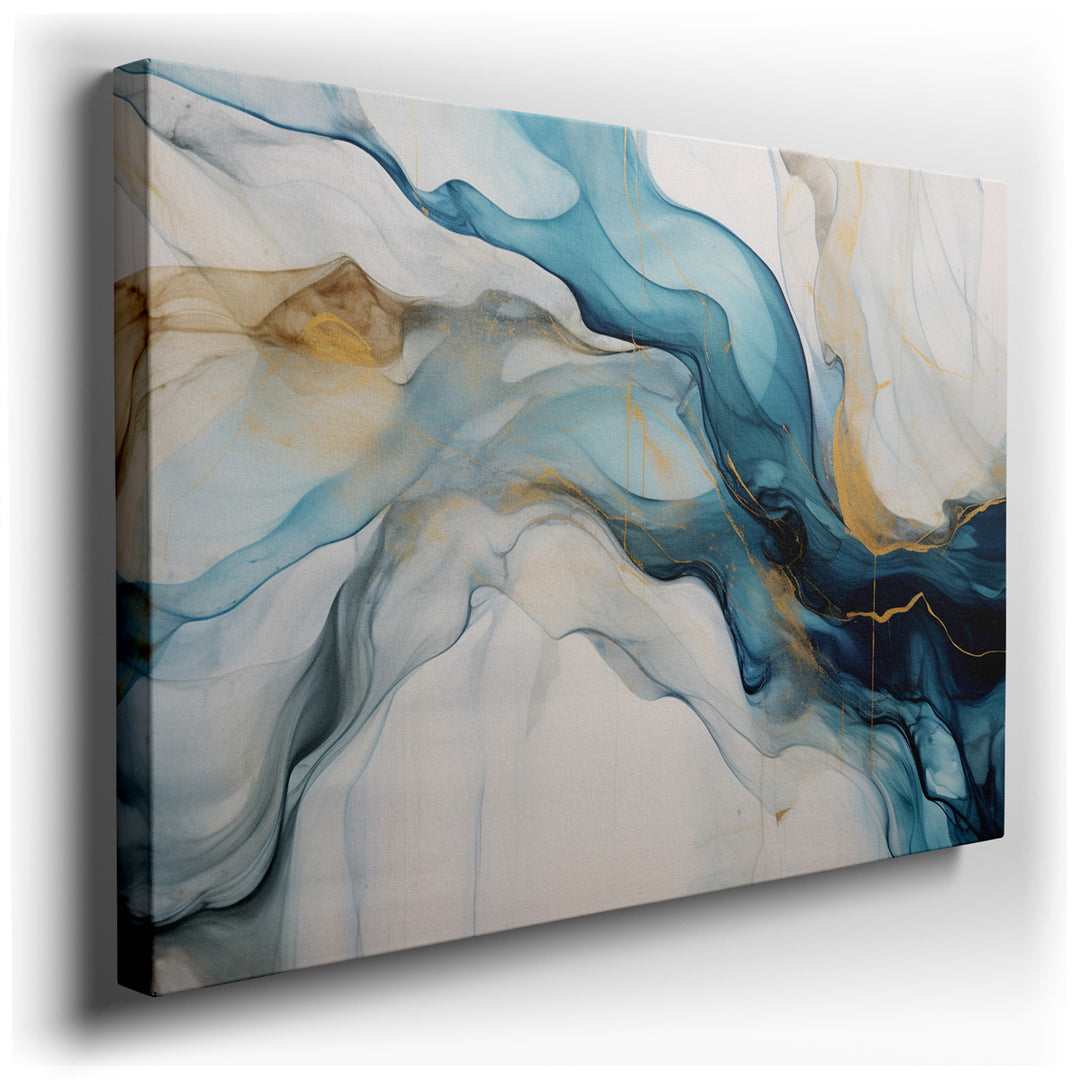 canvas print on wrapped canvas for wall decor – This exquisite wall art is a masterful representation of abstract art, where the dynamic interplay of blues and golds no...