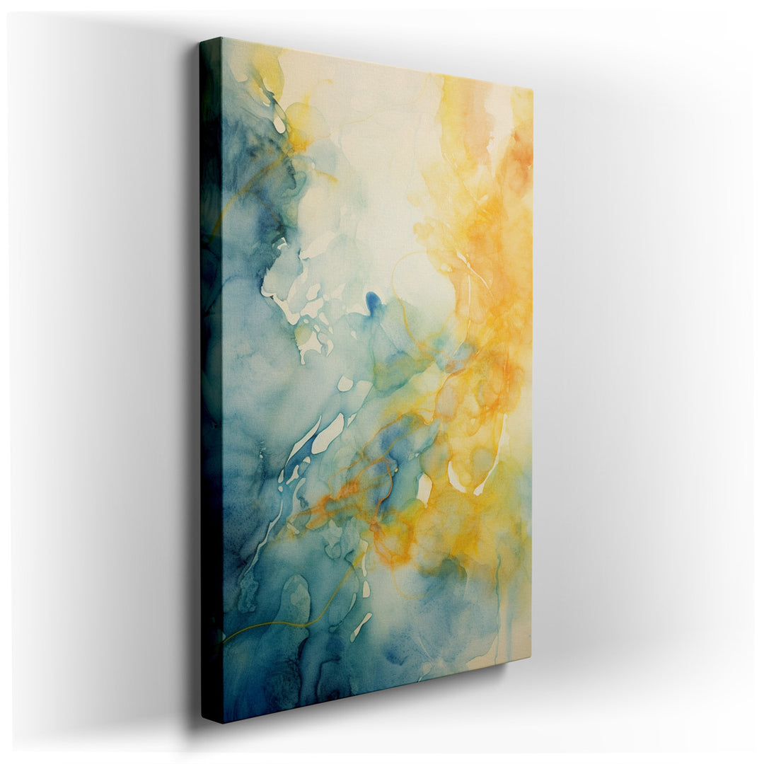 canvas print on wrapped canvas for wall decor – This wall art is a captivating abstract composition that masterfully blends vibrant blues and yellows, creating a visual...