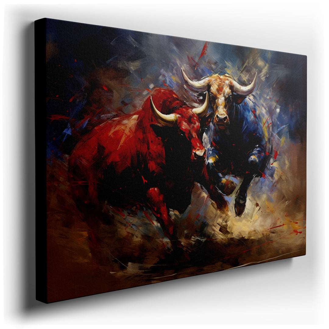 canvas print on wrapped canvas for wall decor – This wall art captures the essence of raw, unbridled energy through its depiction of dynamic bulls, each rendered with a...