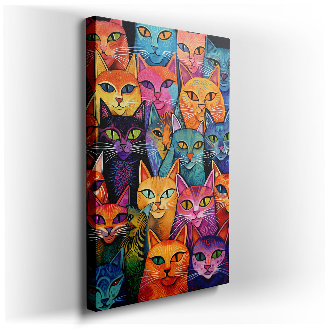 canvas print on wrapped canvas for wall decor – This captivating wall art is a delightful collage that showcases a series of vibrant cat portraits, each brimming with i...