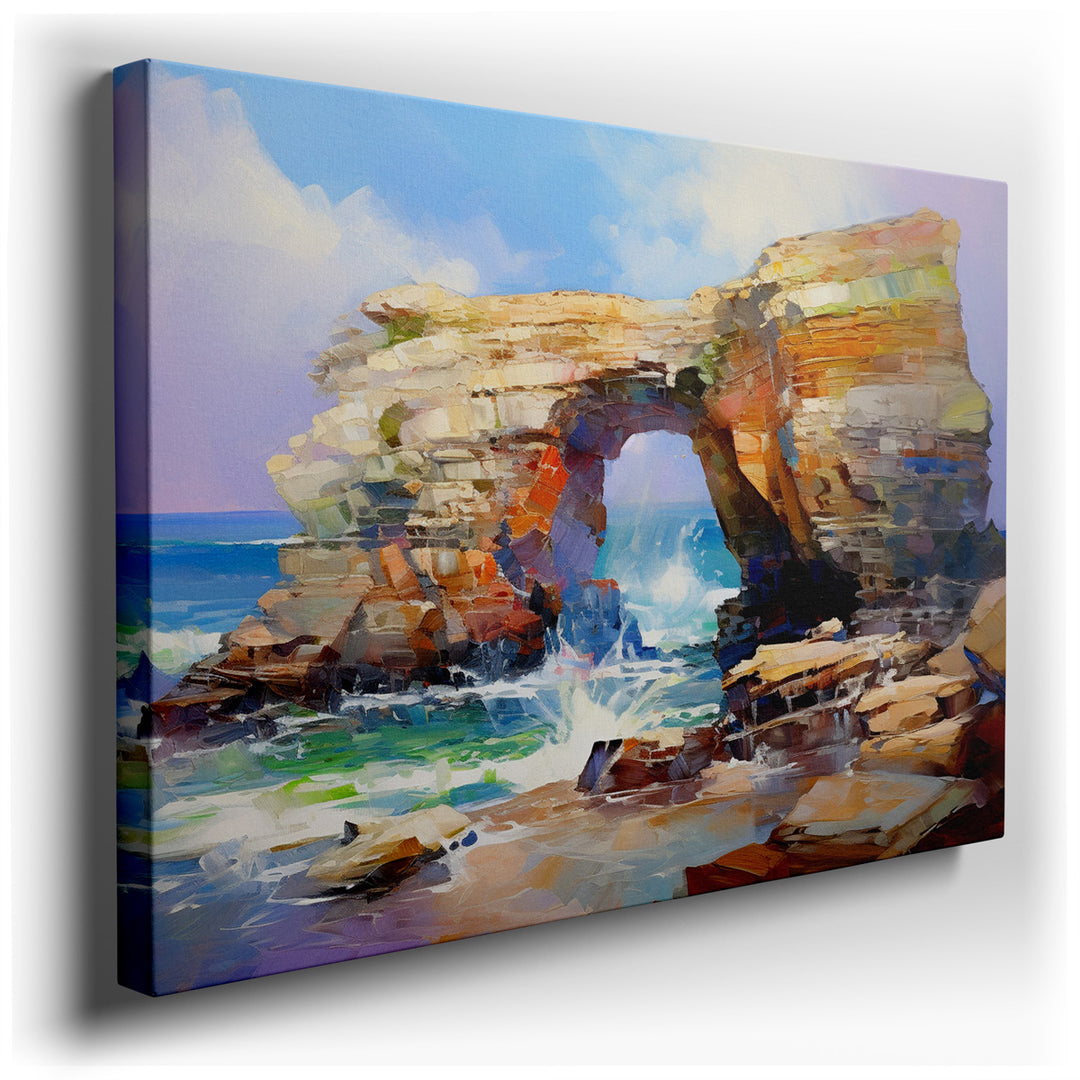 canvas print on wrapped canvas for wall decor – This wall art, a captivating portrayal of a coastal rock formation, is an exquisite blend of vibrant hues and artistic a...