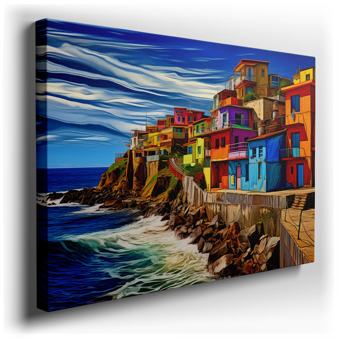 canvas print on wrapped canvas for wall decor – This wall art is a vivid portrayal of coastal homes, each painted in a kaleidoscope of vibrant colors that seem to dance...