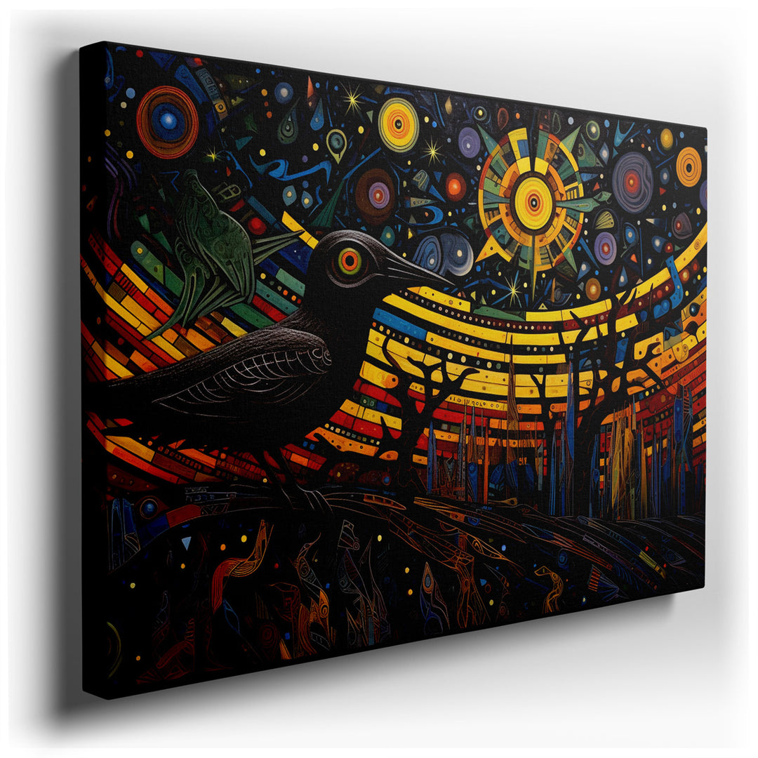 canvas print on wrapped canvas for wall decor – This dynamic abstract wall art is a captivating exploration of cosmic themes, rendered through a palette of vibrant colo...