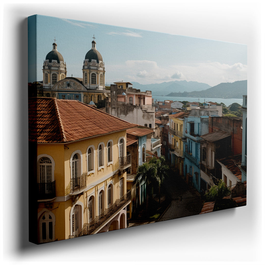 canvas print on wrapped canvas for wall decor – This enchanting wall art transports viewers to a lively street in a quaint Cuban town, where the essence of the Caribbea...